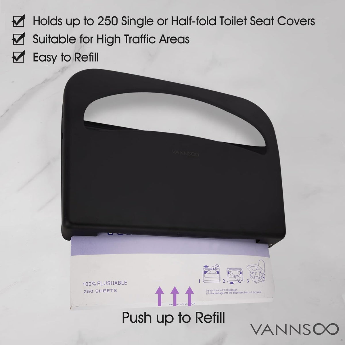 Toilet Seat Cover Dispenser - Stainless Steel Wall Mount Toilet Seat Cover Holder for Commercial Bathroom, 250 Single or Half Fold Seat Covers Capacity (Black)