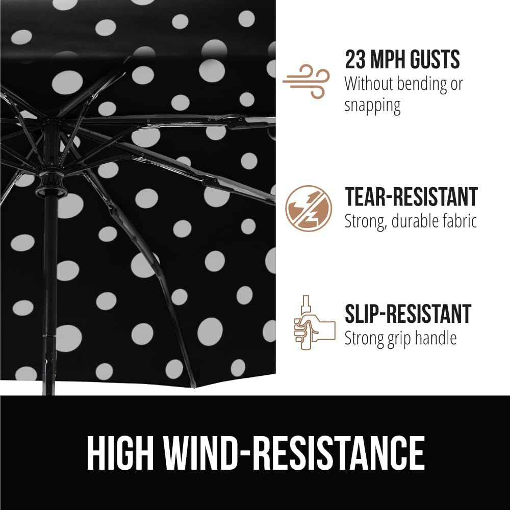GORILLA GRIP Strong Stick Umbrella for Rain, Compact Travel One-Click Automatic Open Close, Lightweight, Portable, US Designed Reinforced Fiberglass Ribs, Wind Resistant, Easy Collapse, Polka Dots