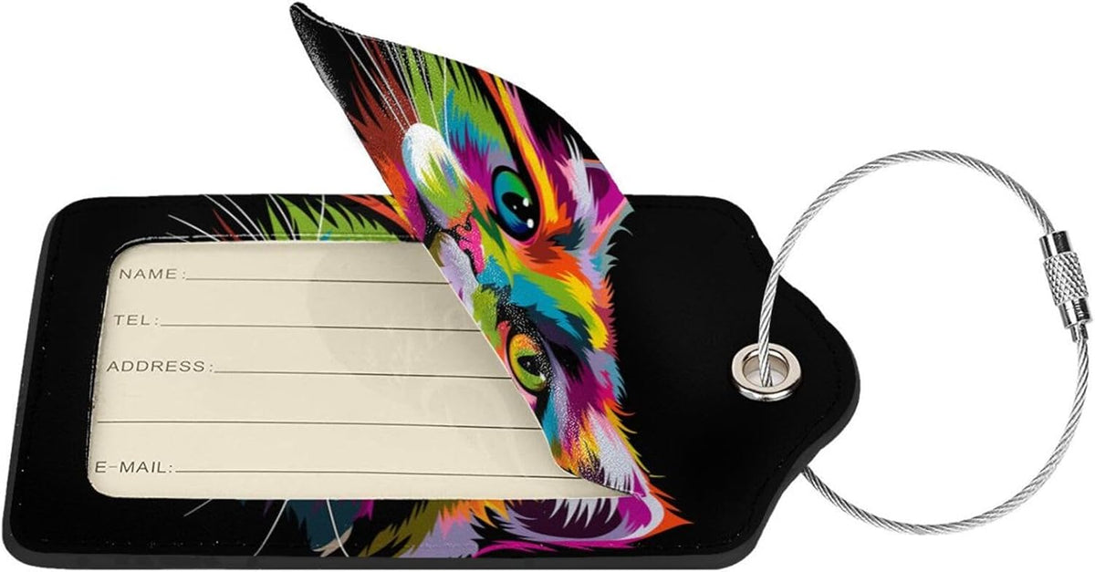 Cat Leather Luggage Tag with Stainless Steel Ring, Fun Name Id Card Cover Travel Bag Tag Set, Suitable for Travel Bag Luggage Women Men 2 PCS