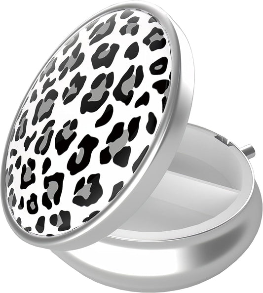 Pill Box, 3 Compartment Portable Travel Medicine Box with Mirror, Compact and Cute, Fits in Purse and Pocket, Medicine and Vitamin Organizer (Snow Leopard)