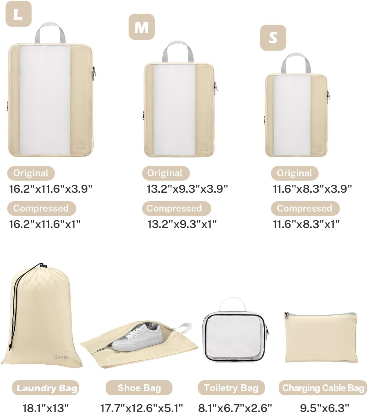 Gonex 8 Set Expandable Mesh Packing Cubes for Travel Essentials, Compression Organizer with Toiletry, Laundry, Shoe, Cable Bags - Beige