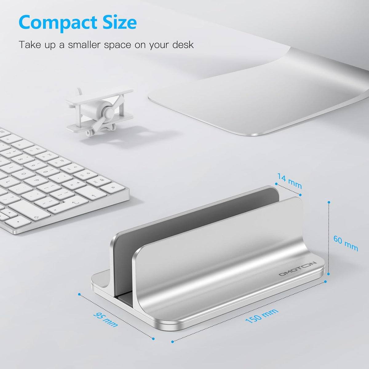 OMOTON Vertical Laptop Stand Holder, Desktop Aluminum Stand for MacBook with Adjustable Dock Size, Fits All MacBook, Surface, Chromebook and Gaming Laptops (Up to 17.3 inches), Silver