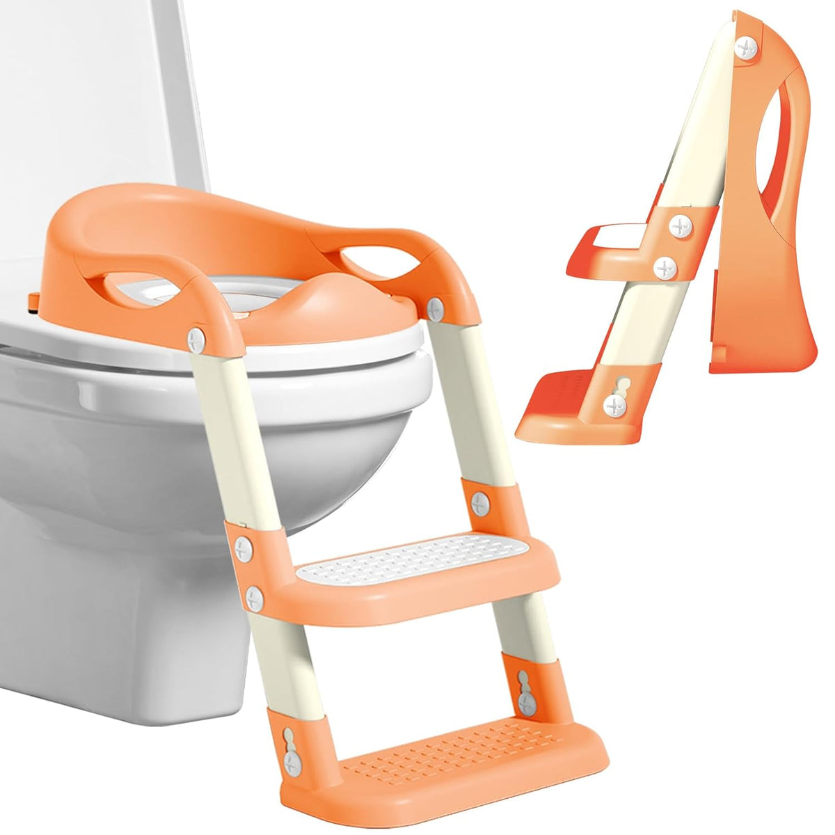 Potty Training Seat with Step Stool Ladder, Adjustable Foldable Potty Seat for Toilet with Anti-Slip Pads Ladder for Kids Boys Girls Toddlers - Orange