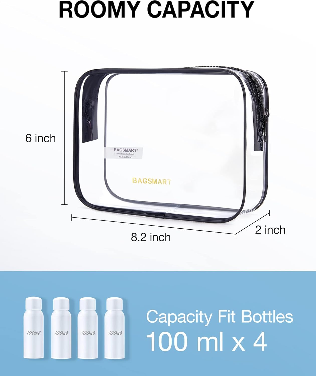 BAGSMART Clear Toiletry Bag, 2 Packs TSA Approved Water Resistant Quart Size Travel Organizer, Airport Airline Travel Essential Carry On Makeup Cosmetic Bags for Women, White