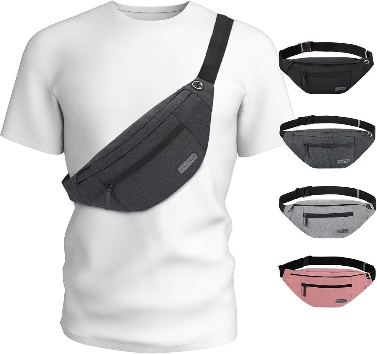 MAXTOP Large Crossbody Fanny Pack with 4-Zipper Pockets,Gifts for Enjoy Sports Festival Workout Traveling Running Casual Hands-Free Wallets Waist Pack Phone Bag Carrying All Phones