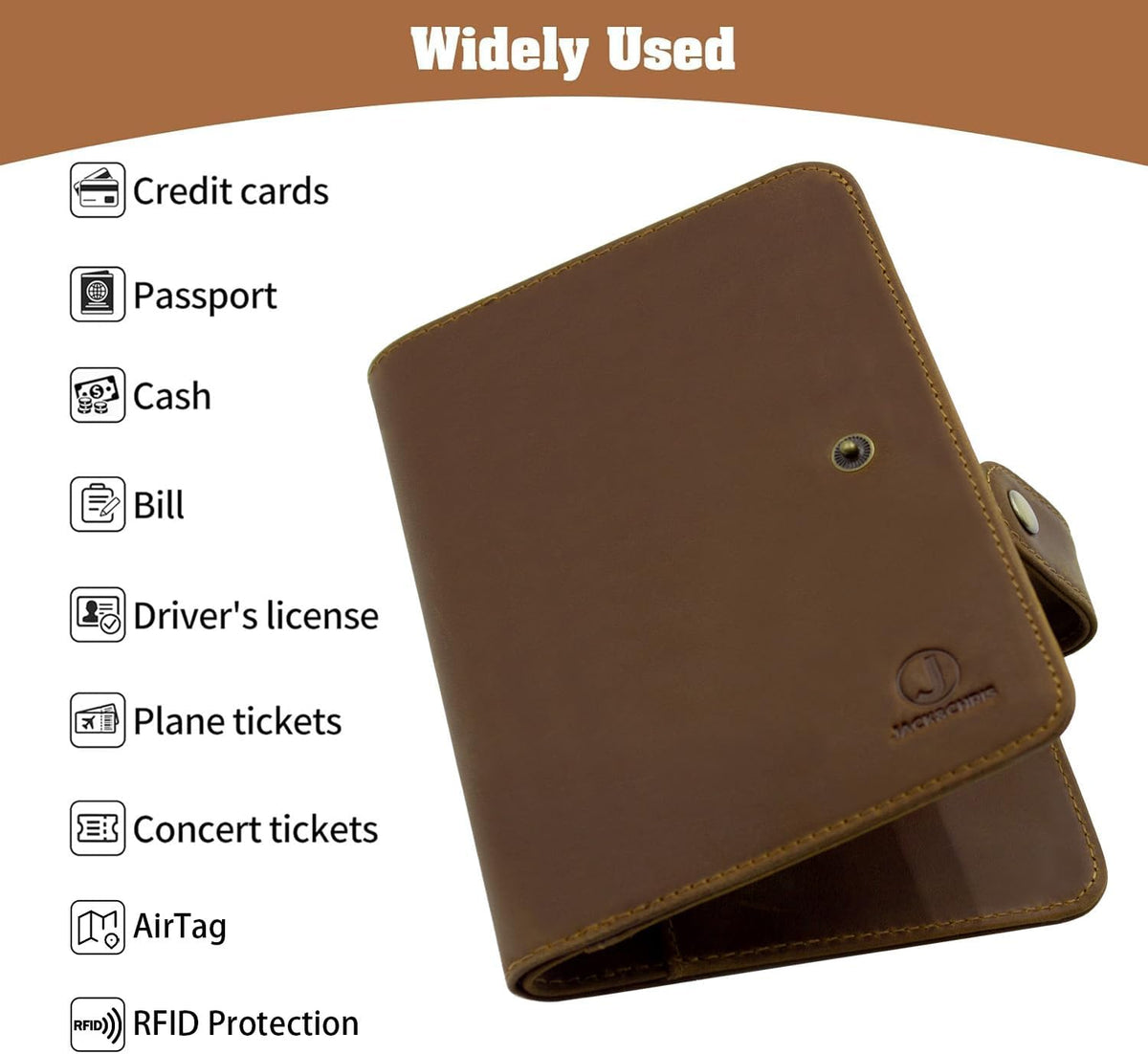 Jack&Chris Genuine Leather Handmade Passport Holder For Travel, RFID Blocking Passport Holder with Card Slots, Travel Essentials wallet with Pen Holder for Women and Men for Gifting, Brown