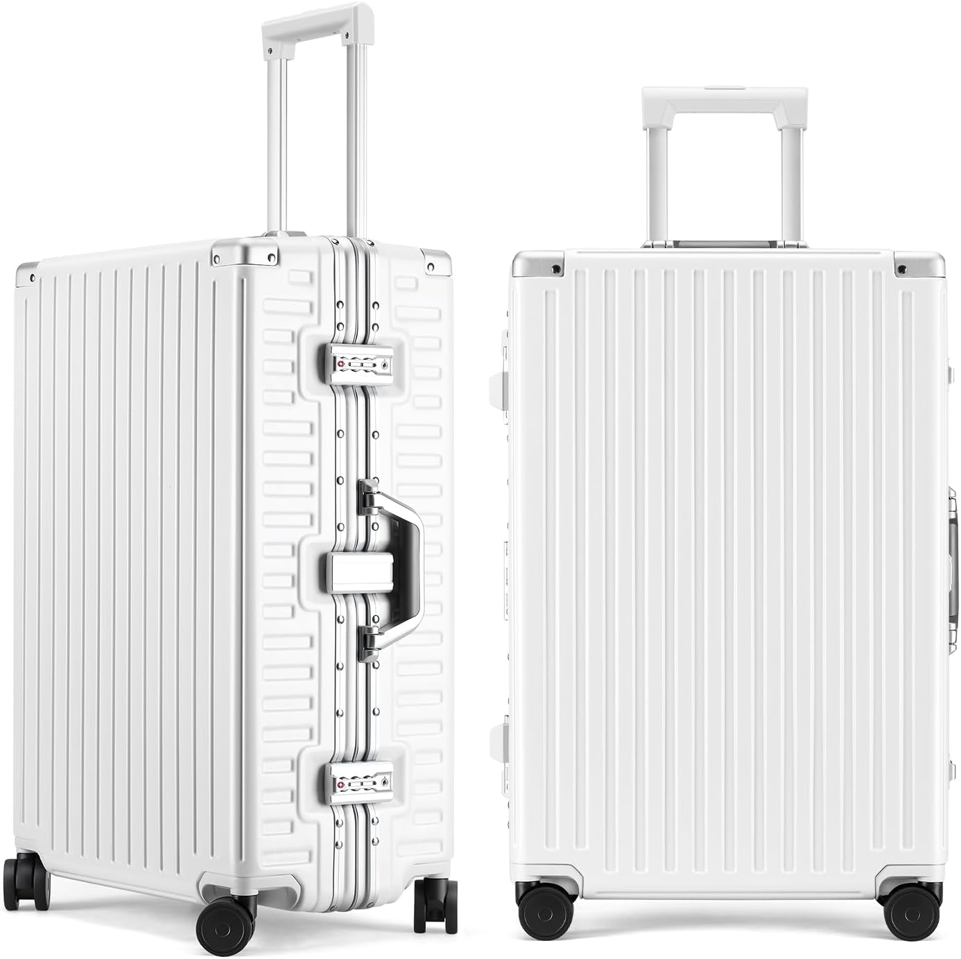 ROAMING Zipperless Luggage 24 Inch with Aluminum Frame, 3-Layer PC Trunk-Medium Lightweight Hard Shell Suitcase with Spinner Wheels, Metal Travel Luggage with Double TSA Locks, Shell white