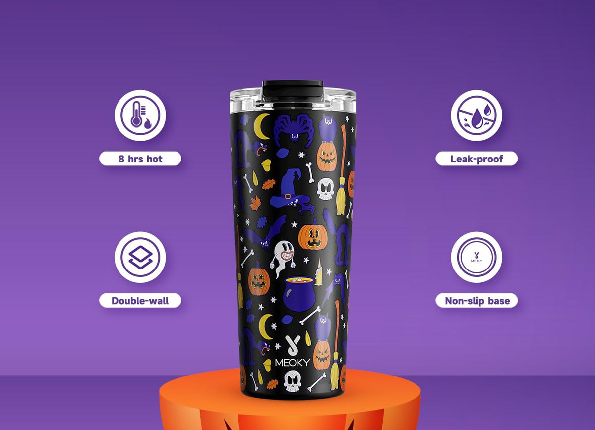 Meoky 24 oz Halloween Travel Coffee Mug with Leak-proof Lid, Glow in the Dark Stainless Steel Insulated Coffee Tumbler, Keeps Hot for 8 Hours, Fits in Car Cup Holder(Haunted Pumpkin)