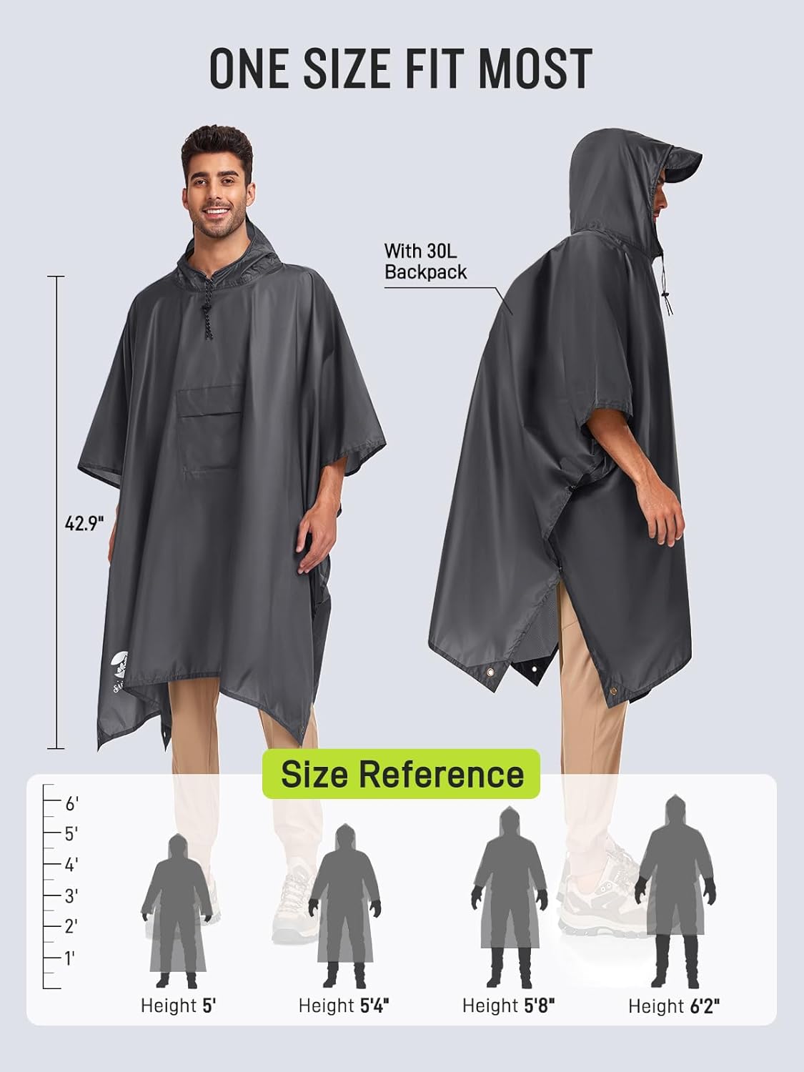 SaphiRose Extra Thick Hooded Rain Poncho Double Layer Waterproof Raincoat Jacket for Men Women Adults