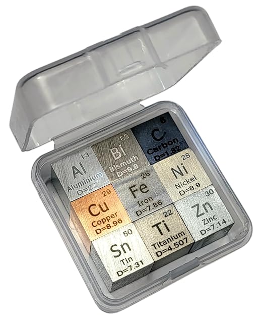 0.39" 10mm 9 Pack Element Cube Set Engraved Density Up to 99.99% Pure Metal Cubes Periodic Table Science Education Collection - Aluminium Bismuth Carbon Copper Iron Nickel Zinc Titanium Tin