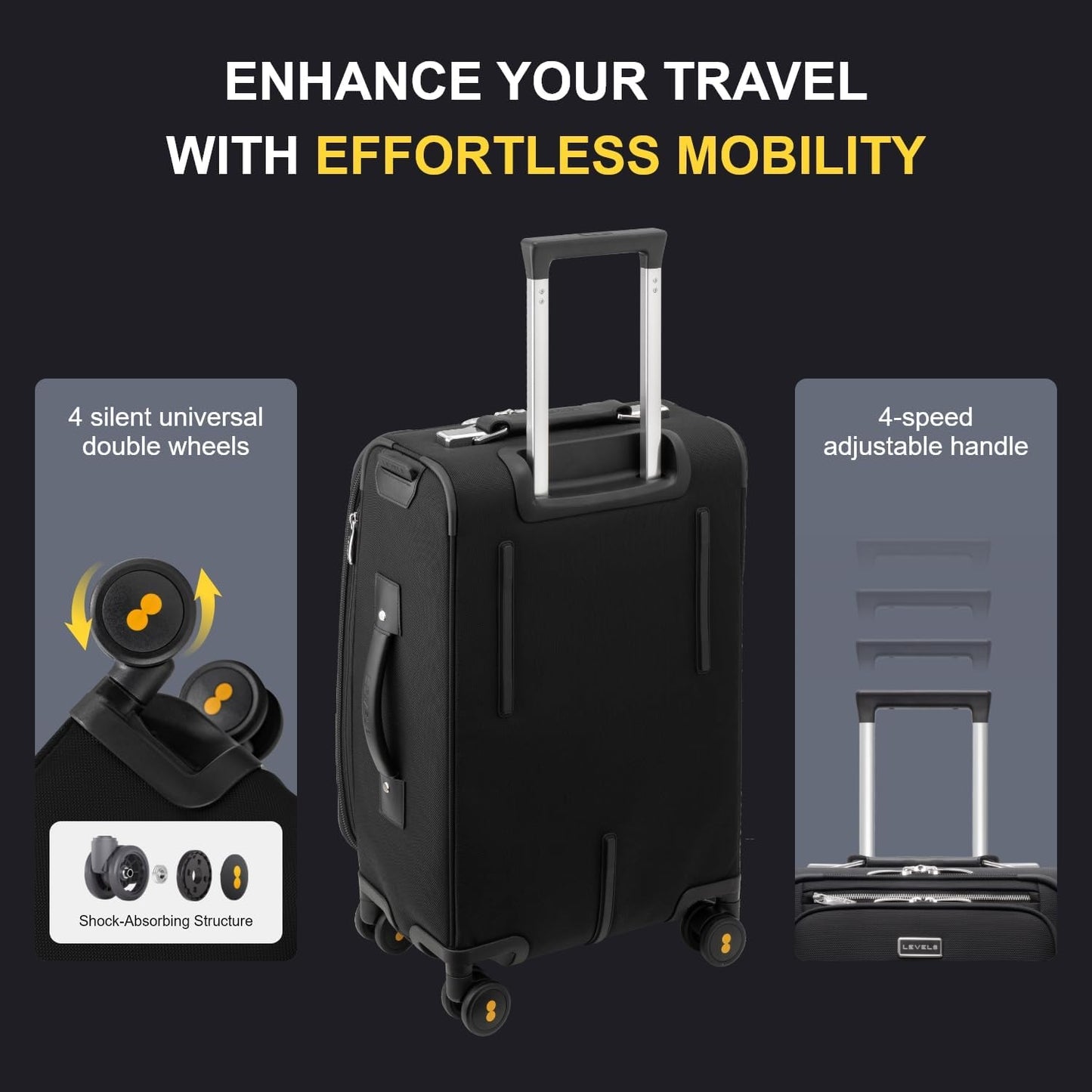 LEVEL8 Carry On Luggage with Compartment, 20 Inch Softside Expandable Travel Rolling Suitcase with Spinner Wheels, Tsa Locks, Men and Women, Black