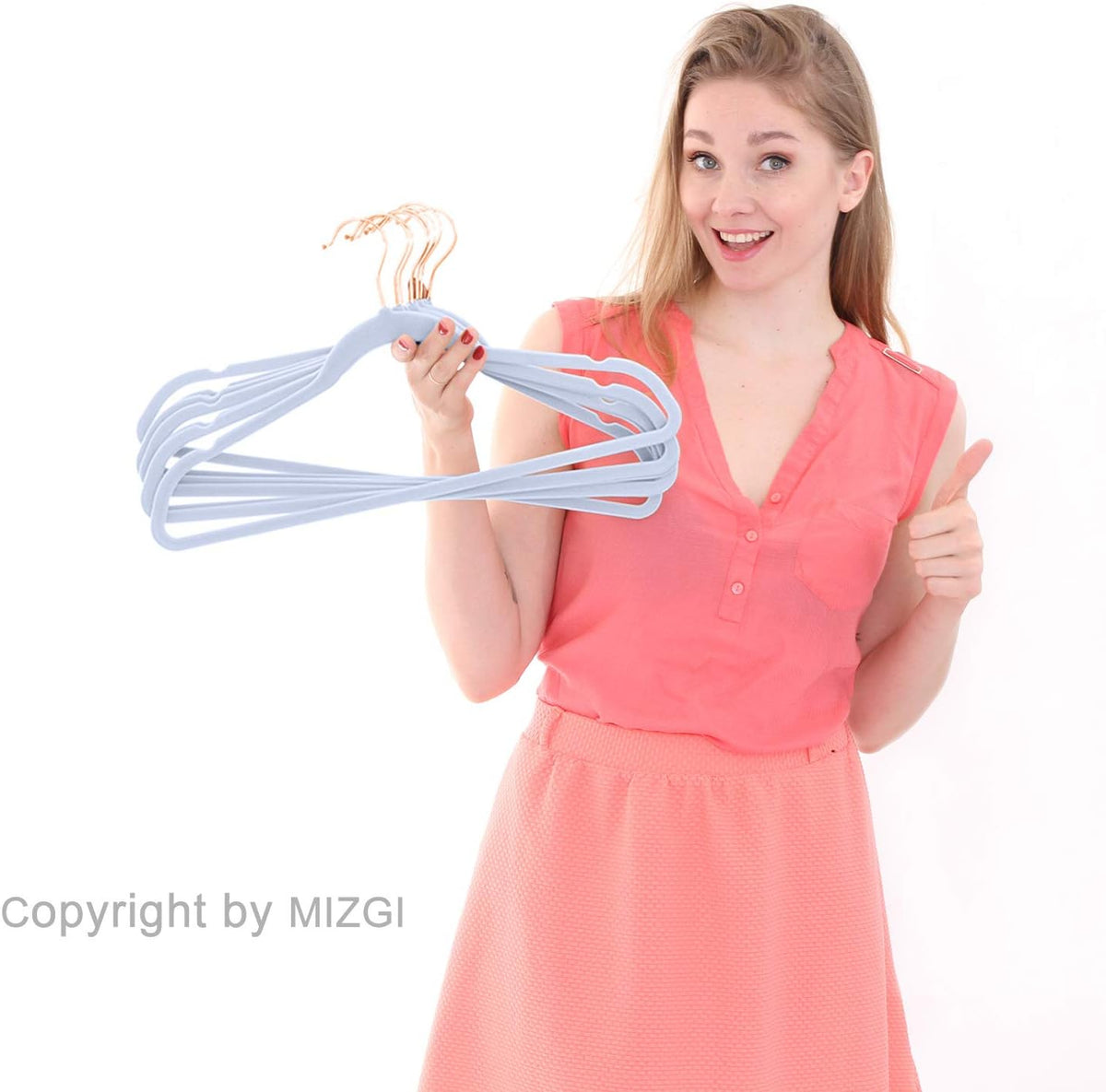 MIZGI Premium Velvet Hangers (50 Pack) Heavy Duty - Non Slip Felt Hangers - Velvet Suit Hanger Light Blue - Rose Gold Hooks,Space Saving Clothes Hanger