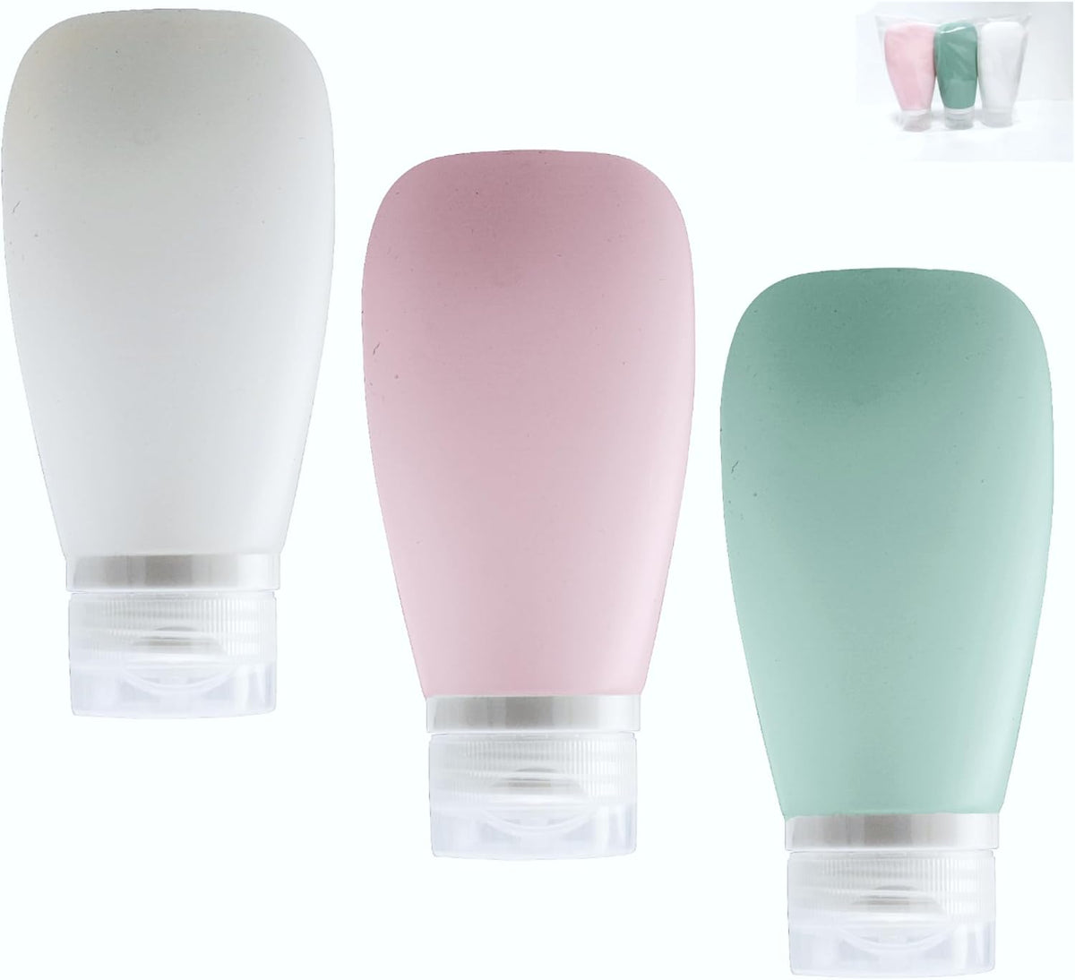 Travel Bottles for Toiletries, TSA Approved 3oz Leak Proof Silicone Refillable Squeeze Travel Size Containers BPA Free Air Travel for Shampoo, Lotions, 3-pk (Pink-White-Teal)