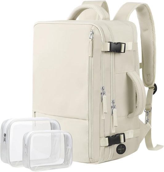 Hanples Large Travel Backpack for Women, 35L Carry on Luggage Backpack, College Laptop Backpack Airline Approved Business Work Bag Fits 17 Inch Computer for Men with 2 Toiletry Bags (Beige)