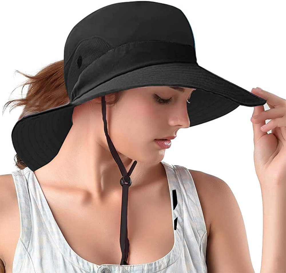 Rosoz Ponytail Sun Bucket Hats for Women UV Protection Foldable Mesh Wide Brim Hiking Beach Fishing Summer Safari
