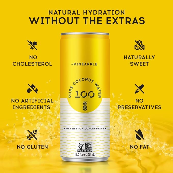 100 Coconuts Pineapple Pure Coconut-100% Pure Coconut Water - Low Calorie All-Natural Drink with Electrolytes - Naturally Sweet, no preservatives- Non-GMO, 11 fl oz, Pack of 12 (Pure Coconut Water)