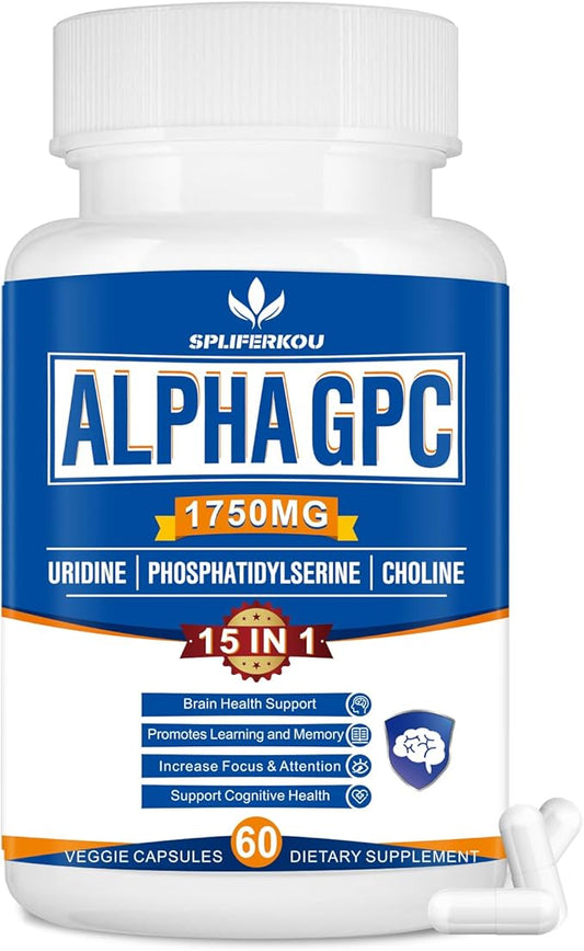 15-in-1 Alpha GPC Supplement with Phosphatidylserine, Uridine, L-Theanine, Lion's Mane Mushroom, 60 Capsules