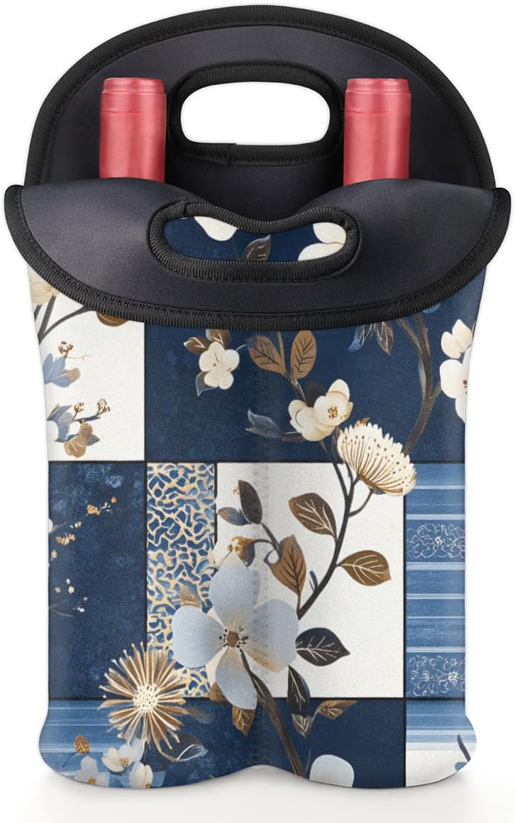 Neoprene Wine Tote, Bottle Carrier Gag Insulating Neoprene Thicker, Insulated Wine Bag for Travel Holds Two Bottles, Bottle Carrier Bags Protect the Bottles, Blue Flowers