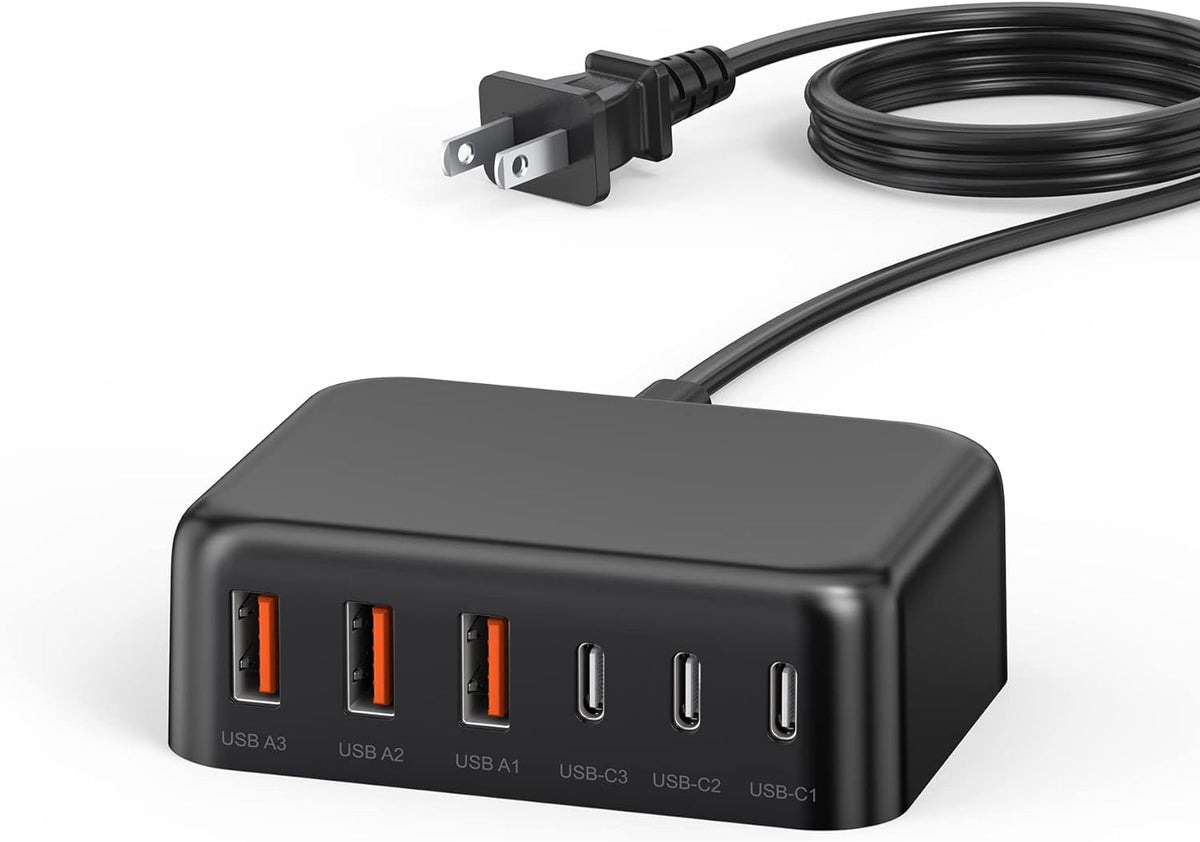USB C Fast Charger, 100W GaN 6 Port Type C Charging Station Hub Block Cube, USB C Wall Charger Power Strip Adapter Plug for iPad iPhone 17 16 15 14 13 12 Pro Max Pixel Note Galaxy, 5ft Cord