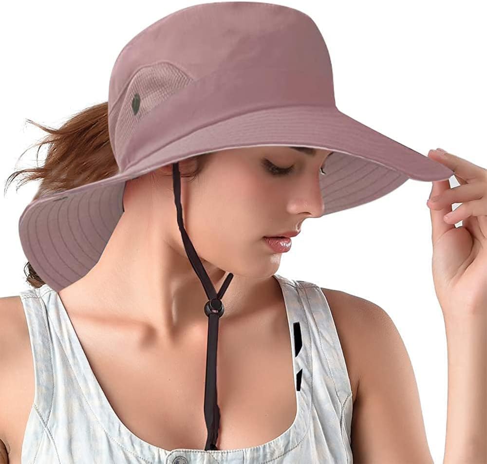 Rosoz Ponytail Sun Bucket Hats for Women UV Protection Foldable Mesh Wide Brim Hiking Beach Fishing Summer Safari