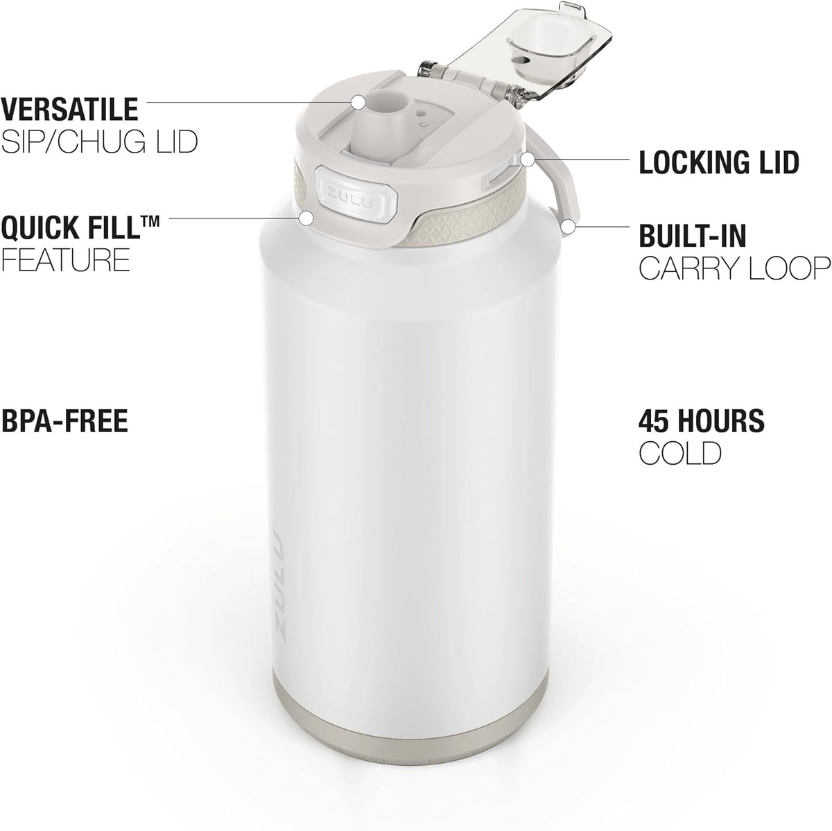 ZULU Powerfill Pro 64oz Half Gallon Stainless Steel Water Bottle with Quick Fill Lid, Triple Walled Vacuum Insulated Metal, Leak Proof Locking Lid, Sip and Chug, Reusable BPA Free, White Monochrome