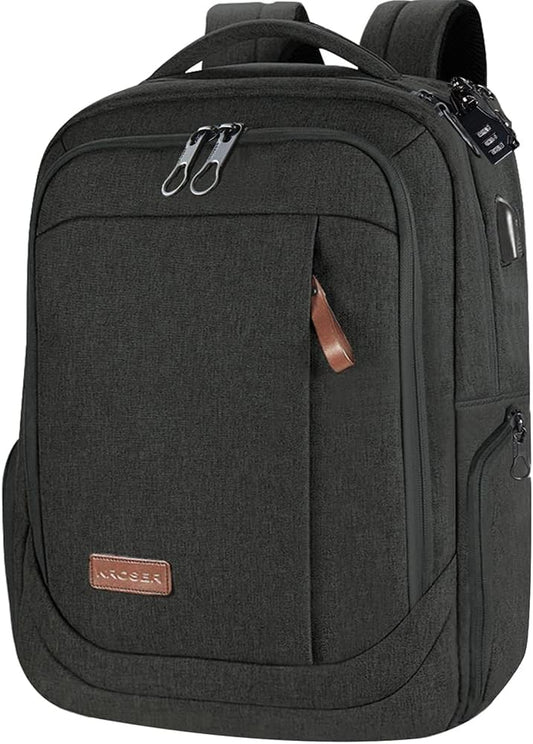 KROSER Laptop Backpack Large Computer Backpack Fits up to 17.3 Inch Laptop with USB Charging Port Water-Repellent Travel Backpack Casual Daypack for Business/College/Women/Men-Charcoal Black
