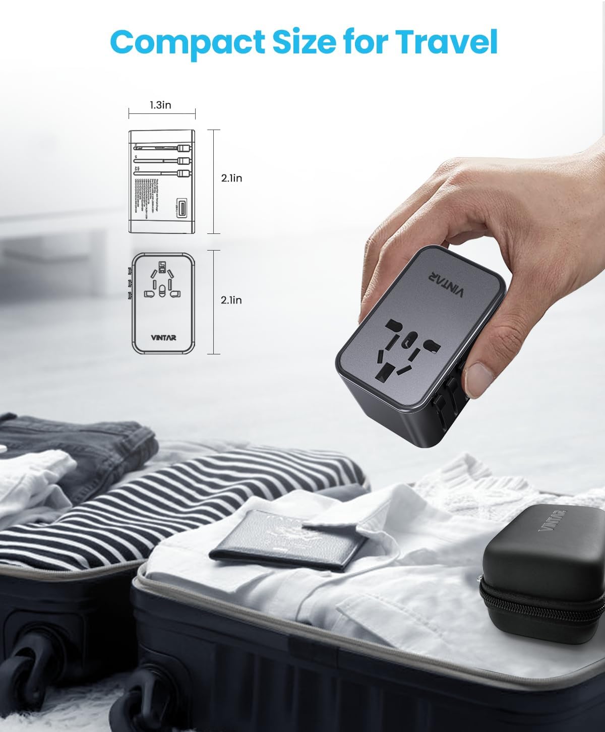 Universal Travel Adapter, VINTAR 75W GaN International Power Adapter with 3 USB-C PD and 2 USB-A QC Charging Ports, All-in-one Outlet Converter Wall Charger for Europe UK USA AUS(Type C/G/A/I), Grey
