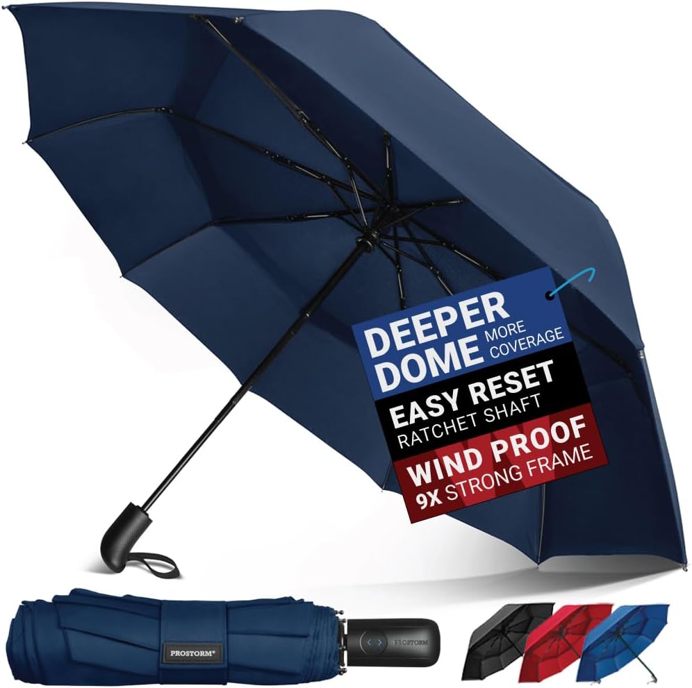 Vented Travel Umbrella | Strong Compact Windproof Umbrella | Top Pick by Wirecutter 2025 | Deep Dome Coverage | Auto Open/Close | Portable Pop Up with Large Coverage | Fits Car & Backpack