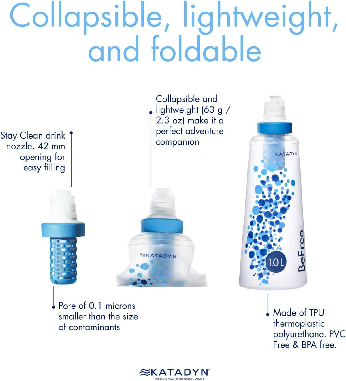 Katadyn BeFree 1.0L Ultralight Collapsible Water Filter Bottle for Hiking, Camping, Backpacking