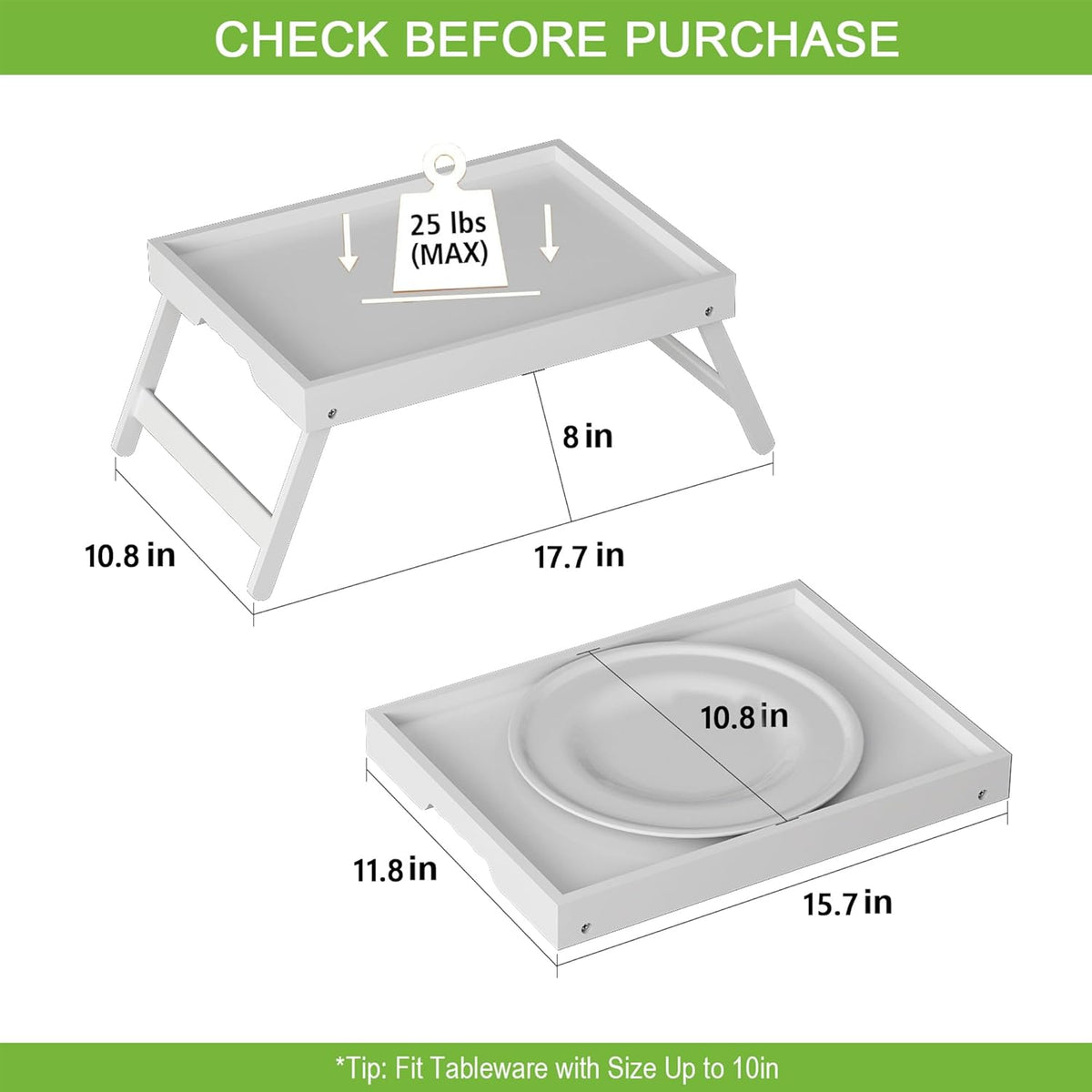 Bed Tray Table with Folding Legs,Bamboo Breakfast in Bed for Kitchen Serving Tray,Sofa,Eating,Used As Laptop Desk Snack Tray 2 Pack (White)