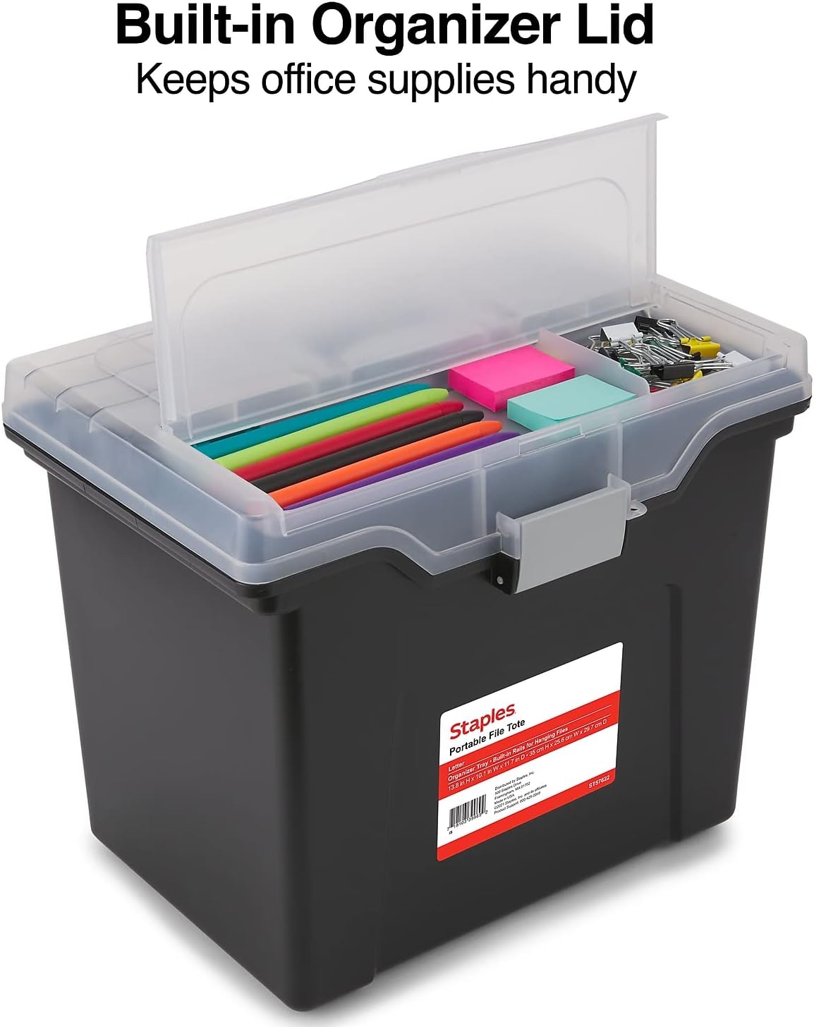 STAPLES File Folder Tote, Portable Filing Box, Letter Size Hanging Folders, Security Latch & Built-In Lid Organizer, Black/Clear