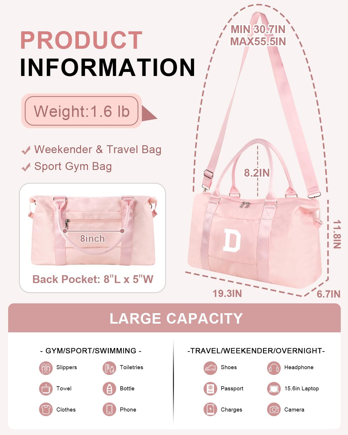 Initial Travel Duffel Bag Sports Gym Bag for Girls Teen Birthday Gifts,Pink Personalized Weekender Bag Carry On Tote Bags for Women Men,Waterproof Overnight Luggage Bag with Trolley Sleeve(Letter D)
