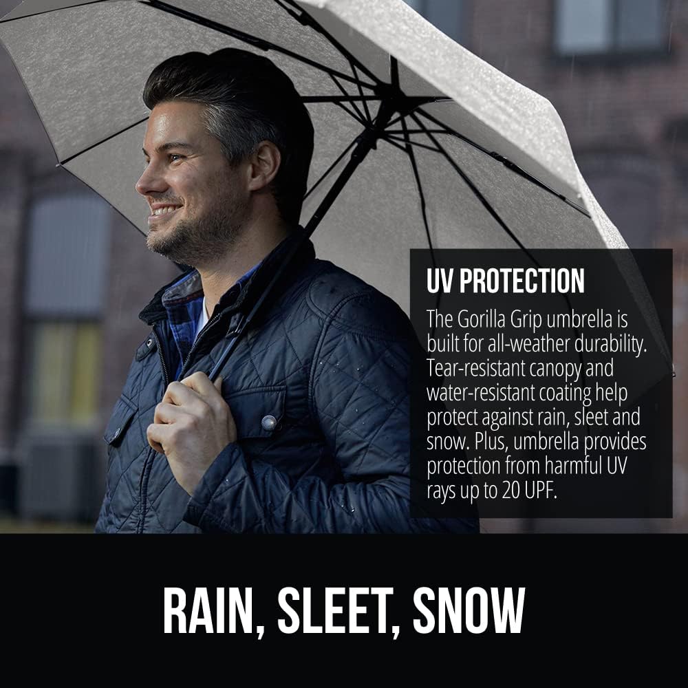 GORILLA GRIP Strong Stick Umbrella for Rain, Compact Travel One-Click Automatic Open Close, Lightweight, Portable, US Designed Reinforced Fiberglass Ribs, Wind Resistant, Easy Collapse, Gray