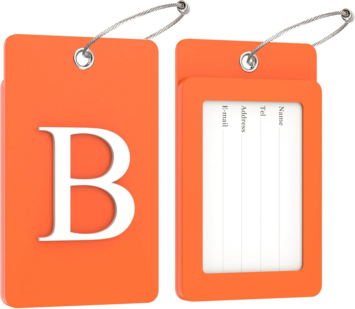 Gostwo 2 Pack Luggage Tags for Suitcases, 26 Initial Letter Travel Luggage Baggage Identification Labels ID Tag Fully Bendable Tags with Stainless Steel Loop (Orange) (Letter B)