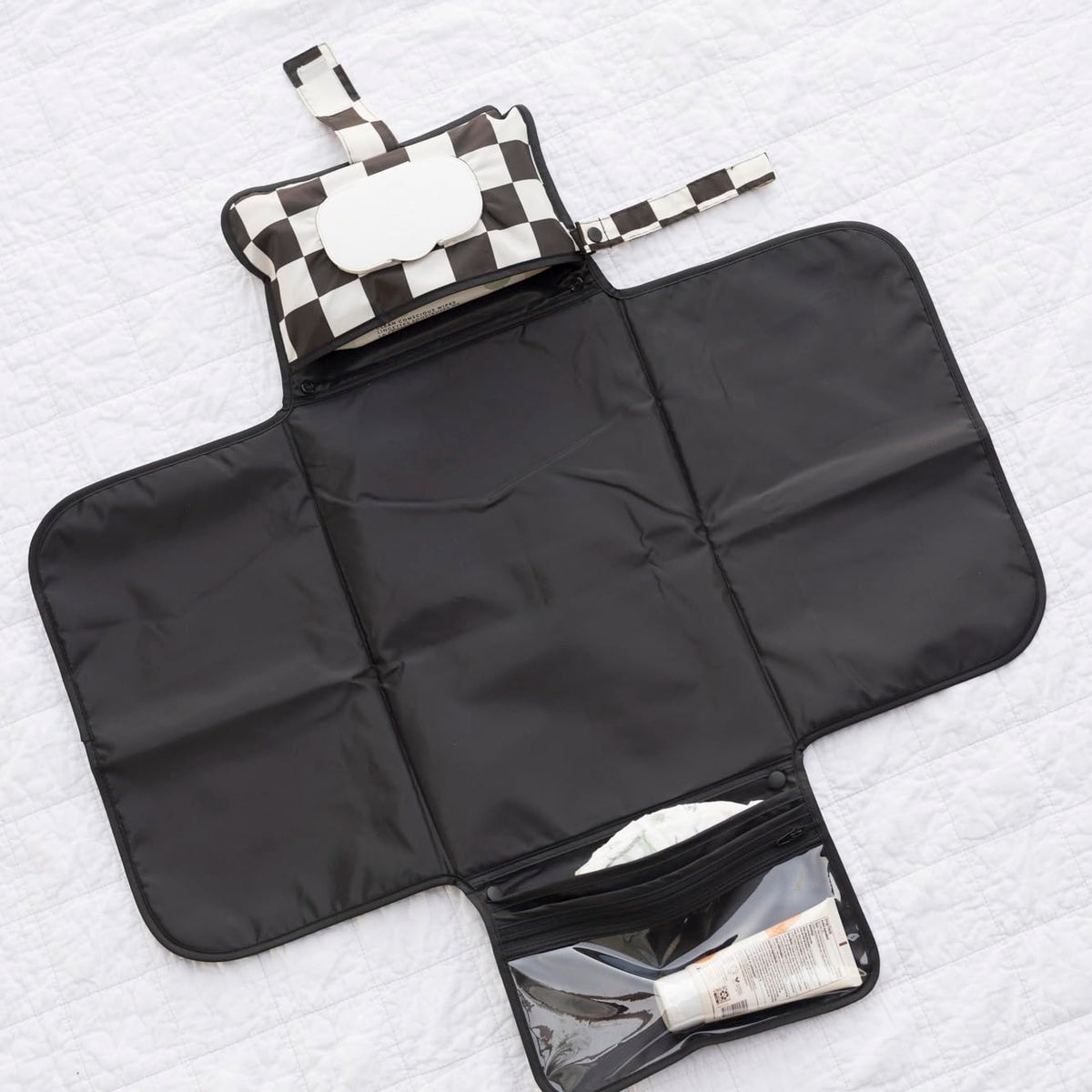 Tiny Twinkle Portable Diaper Changing Pad-Foldable Waterproof Changing Mat&Portable Changing Pad for Travel,Baby Changing Station with Smart Wipes Pocket&Storage (Black Checkers)