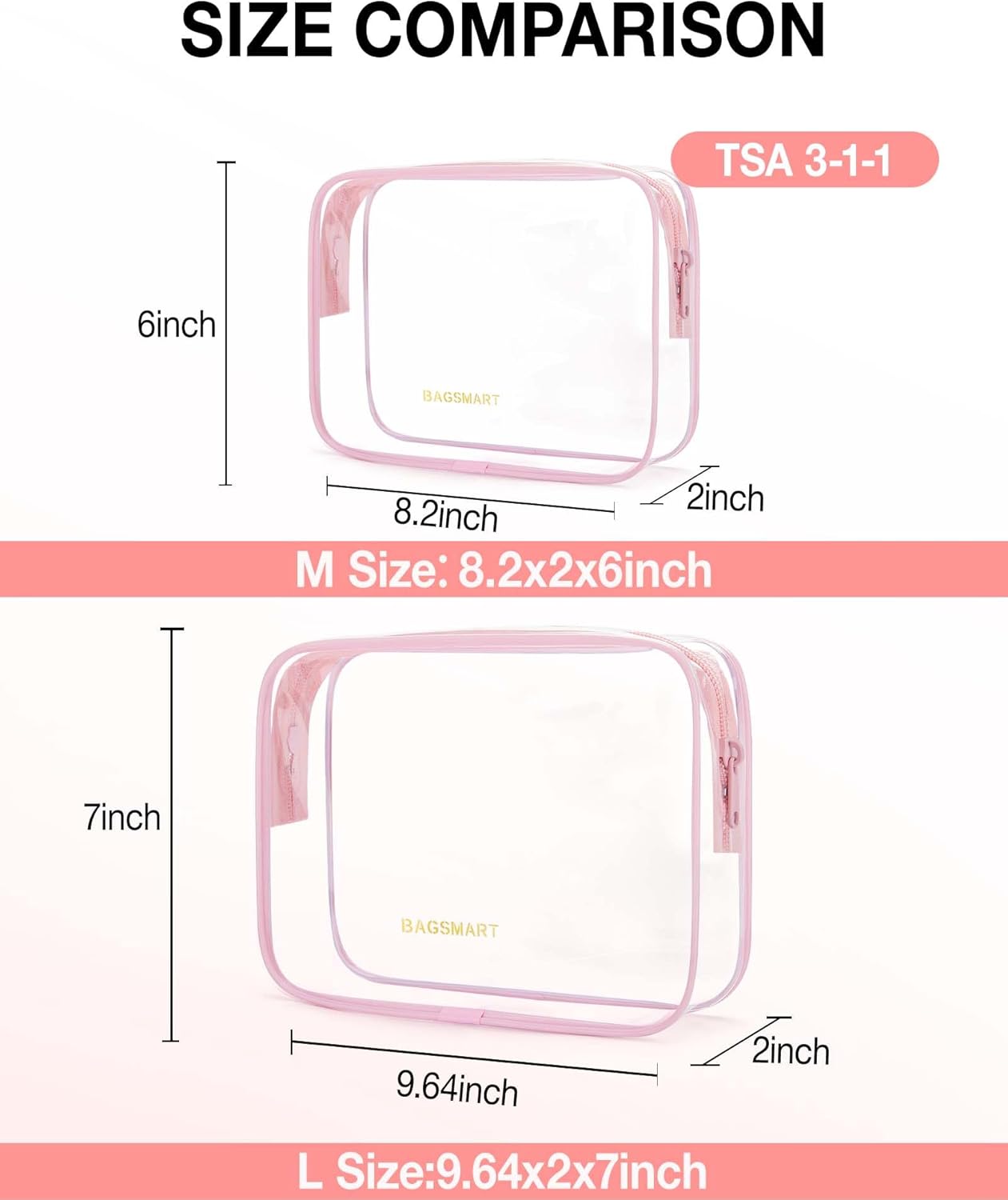 BAGSMART Clear Toiletry Bag, 2 Packs TSA Approved Water Resistant Quart Size Travel Organizer, 2 Sizes Airport Airline Travel Essential Carry On Makeup Cosmetic Bags for Women, Pink
