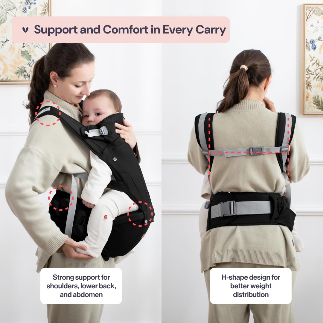 BabbleRoo Grow Carrier – 6-in-1 Baby Carrier with Hip Seat, Ergonomic, Cozy & Adjustable Toddler Carrier 7-50 lbs with Hip & Lumbar Support, Hood for Sun Protection, Newborn to Toddler, Black