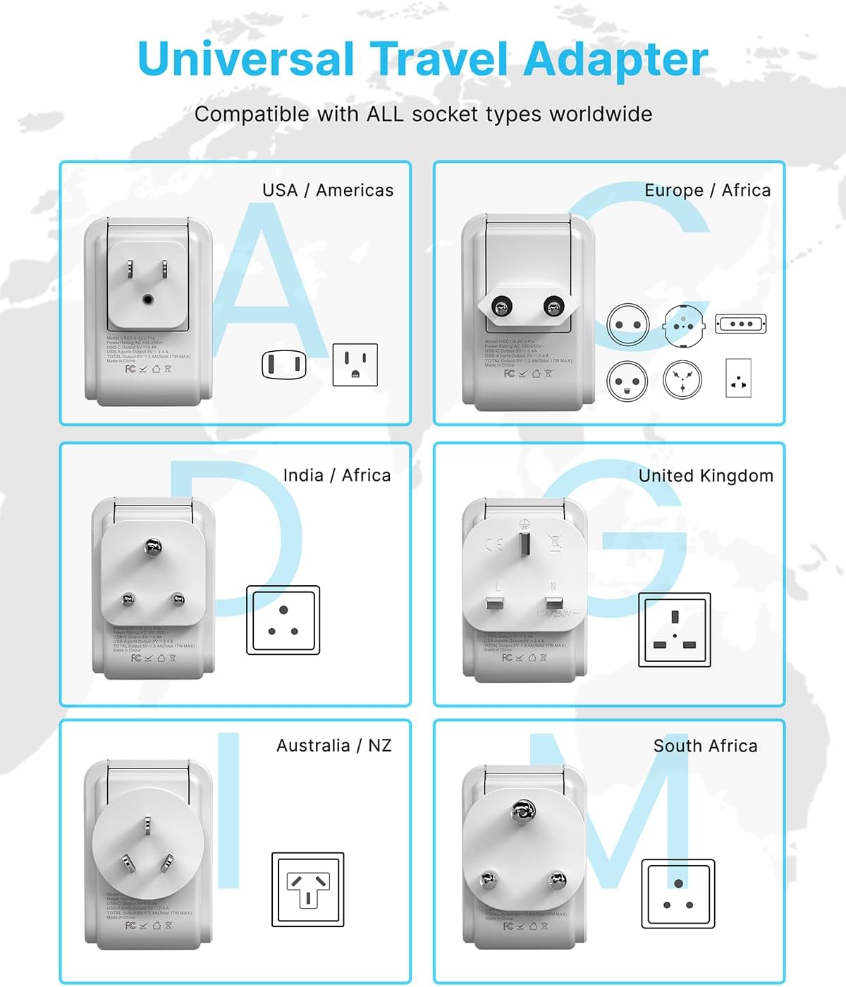 VINTAR Universal Travel Adapter Kit, 3ft Detachable Extension Cord with 4 AC Outlets & 3 USB(2 USB C), Type A/C/G/D/I/M International Power Adaptor for US to Europe UK India South Africa Japan