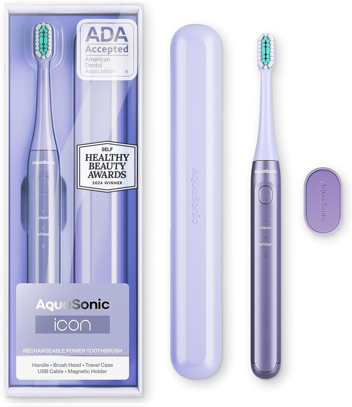 Aquasonic Icon ADA-Accepted Rechargeable Toothbrush | Magnetic Holder & Slim Travel Case | 2 Brushing Modes & Smart Timers | Gentle Micro-Vibrations (Lilac)