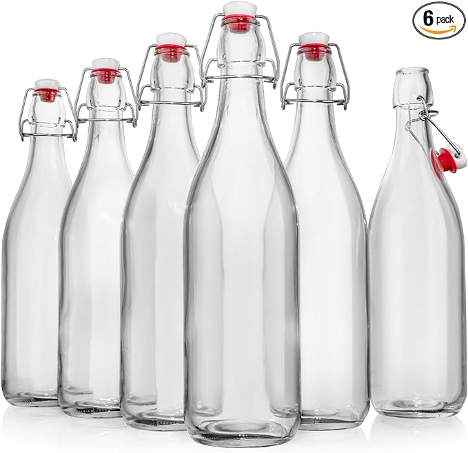WILLDAN Swing Top Glass Bottles [1 Liter / 33 fl. oz.] [Pack of 6] Flip Top Brewing Bottle w/Leak Proof Stopper Lids for Fermentation, Kombucha, Mead, Vinegar, Beer, Kefir, Wine, Water, Soda