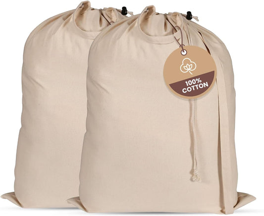 LFH Home Large Premium 100% Cotton Canvas Laundry Bag with Drawstring and Handles Heavy Duty, Multi-Use, and Washable for Home, Travel, College or Storage 24x36 (Pack of 2)-Natural