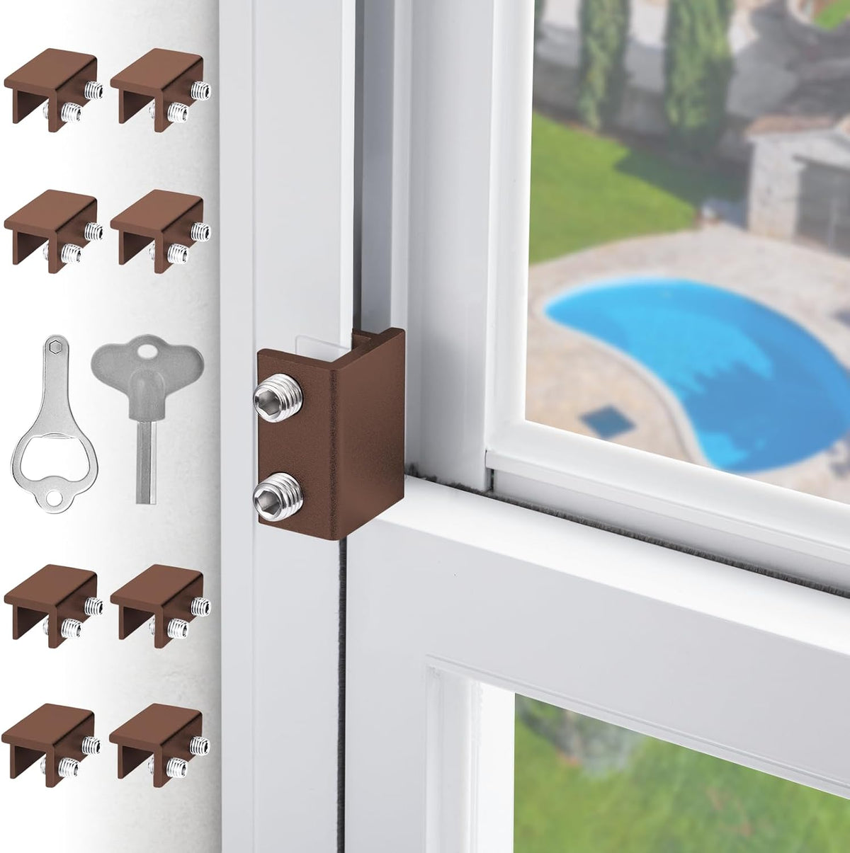 Window Locks for Sliding Windows - Sliding Window Lock Security with Keys - Adjustable Sliding Door Lock - Without Drilling Easv to Install Child Locks for Sliding Door,Patio Door(8 Sets Brown)