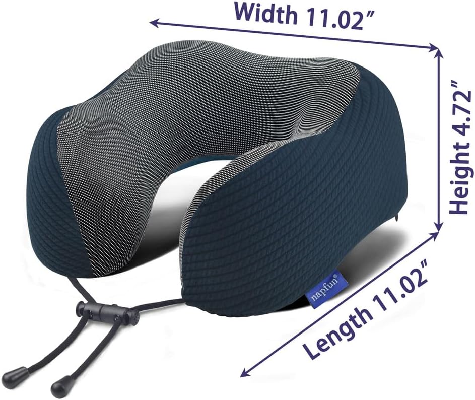 napfun Neck Pillow for Traveling, Upgraded Travel Neck Pillow for Airplane 100% Pure Memory Foam Travel Pillow for Flight Headrest Sleep, Portable Plane Accessories, Deep Blue Set, Medium (120-200LB)