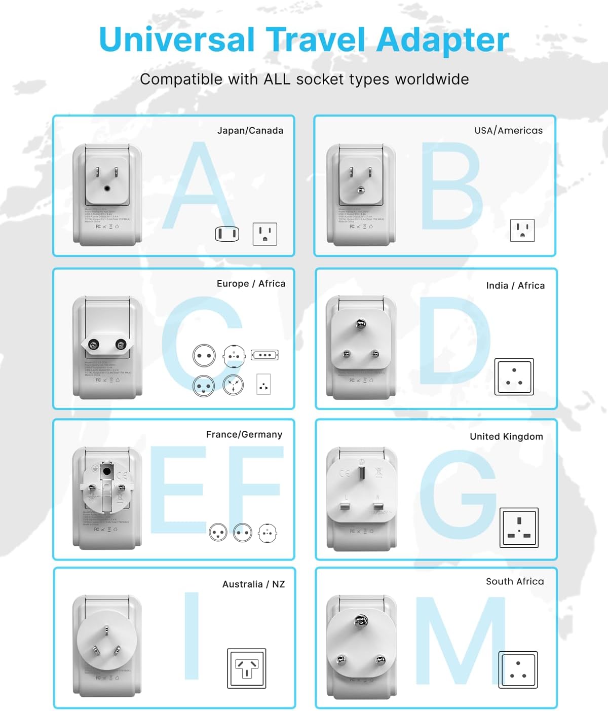 VINTAR Universal Travel Adapter Kit, International Power Adapter with 4 AC and 3 USB Ports(2 USB C), Type A,B,C,D,E/F,G,I,M Detachable Attachments, Travel Adapter Worldwide for India/Africa/Europe/UK