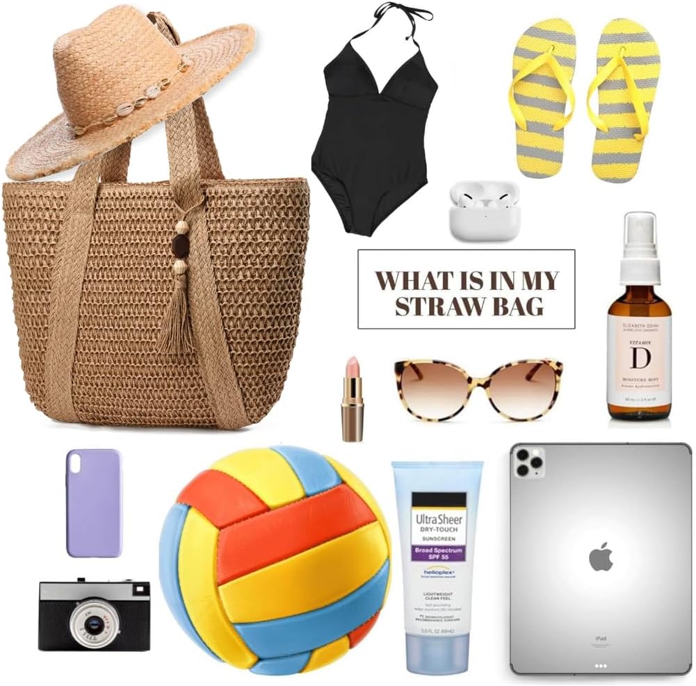 Straw Beach Bags for Women Woven Beach Tote Bag Casual Boho Large Shoulder Handbags Purse for Vacation Holiday