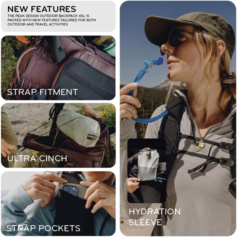 Peak Design Outdoor Backpack 45L, Black, Lightweight Internally-Framed Backpack, Ultra Cinch Roll-Top Design, Ideal for Hikes, Camera Carry and Travel, Versatile Backpack for Men and Women