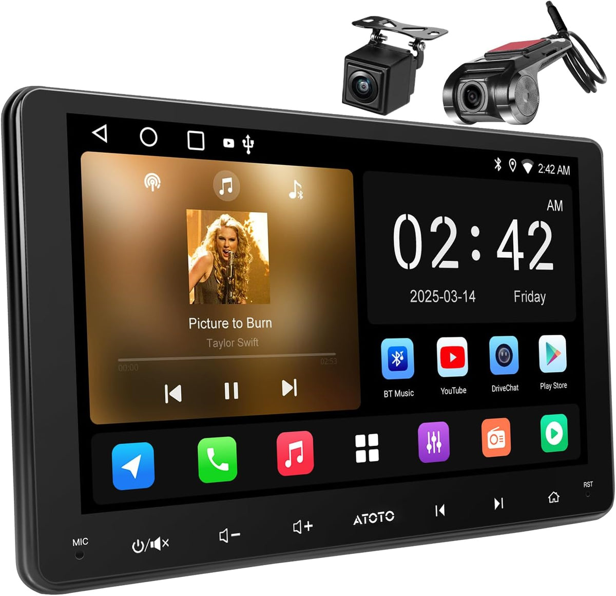 Double-DIN Car Stereo 9 Inch Android Car Radio, Wireless CarPlay&Android Auto, Backup Camera and Dashcam, AI Dialogues, WiFi/BT/USB, GPS Tracking, 24B EQ&DSP, 4 * 45W AMP