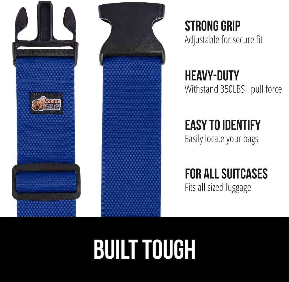 GORILLA GRIP Heavy Duty 4 Pack Adjustable Luggage Straps for Suitcases, Easy to Identify Travel Belt Connector Holds Suitcase Together, Extends Life of Bag, Strap Connects Two Bags, Accessories Blue