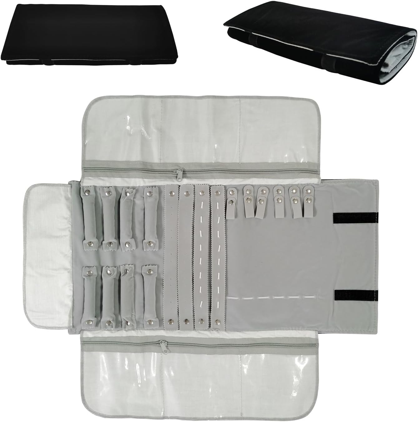 Velvet Travel Jewelry Case Roll Bag Organizer for Necklace Bracelet Earrings Ring (Black) (grey and black)