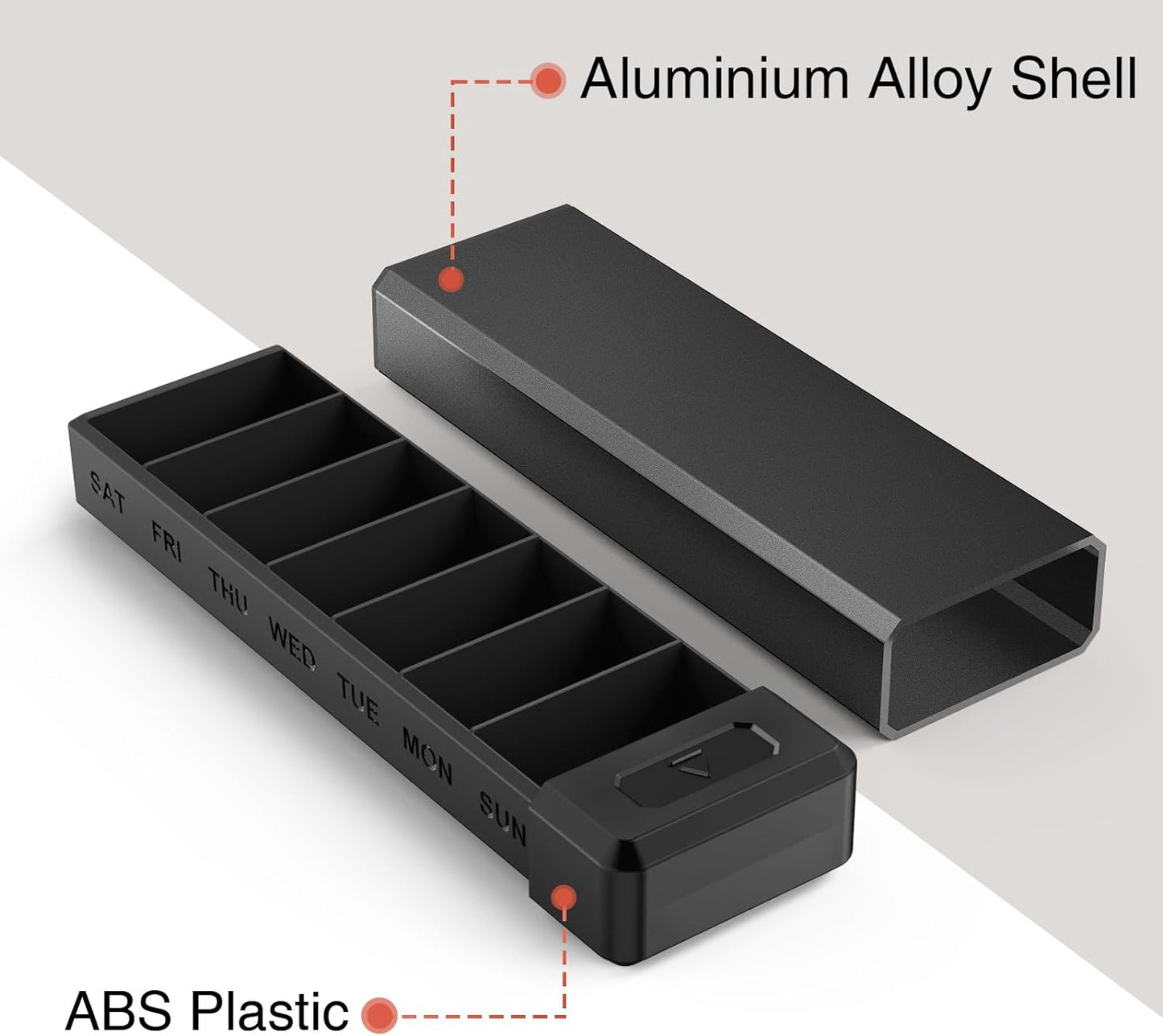 HEIYING Pill Organizer with Aluminum Shell for One Week Capacity, Portable 7 Compartments Pill Box Container to Hold Vitamin, Medicine, Supplements